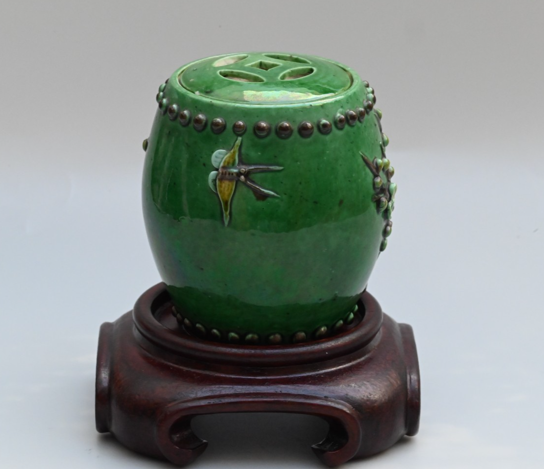 Unique Chinese Antique Porcelain Lid Jar / Cricket Cage w/ Raised Blossom Design2