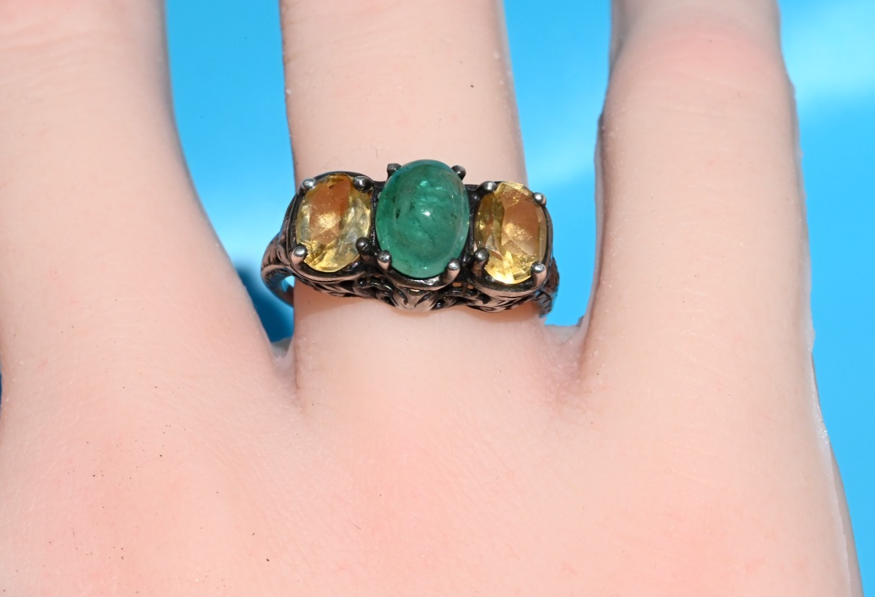 Antique Victorian / Art Deco 925 Sterling Silver Filigree w Natural Emerald Ring0