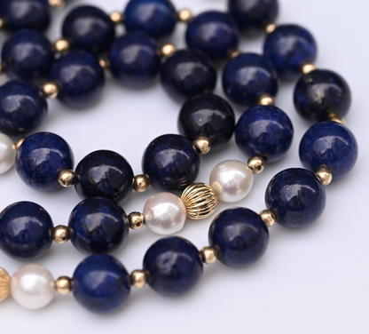 Vintage 14K Yellow Gold, Lapis Lazuli & Cultured Pearl Beaded Necklace1