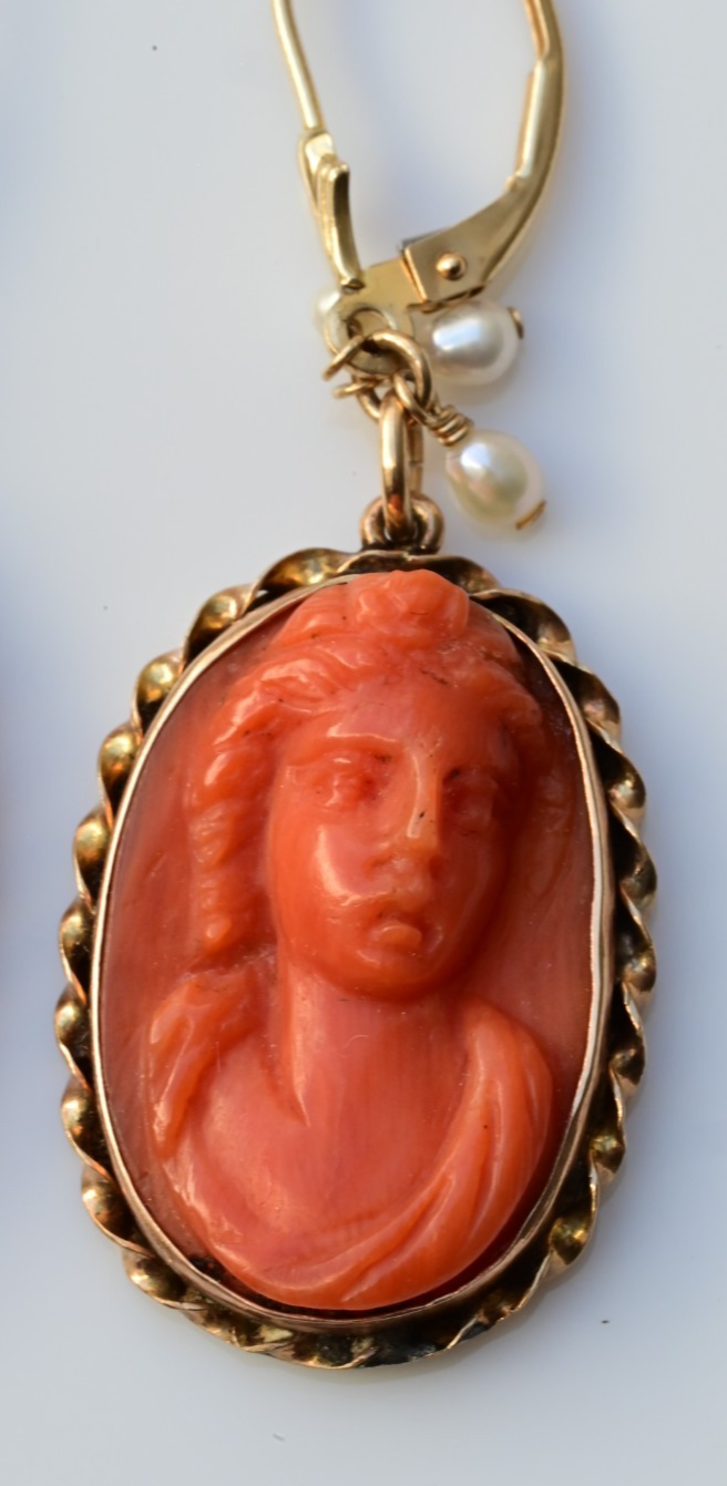 Antique Victorian Hand Carved Natural Red Coral Cameo Drop Dangle Earrings 14K3