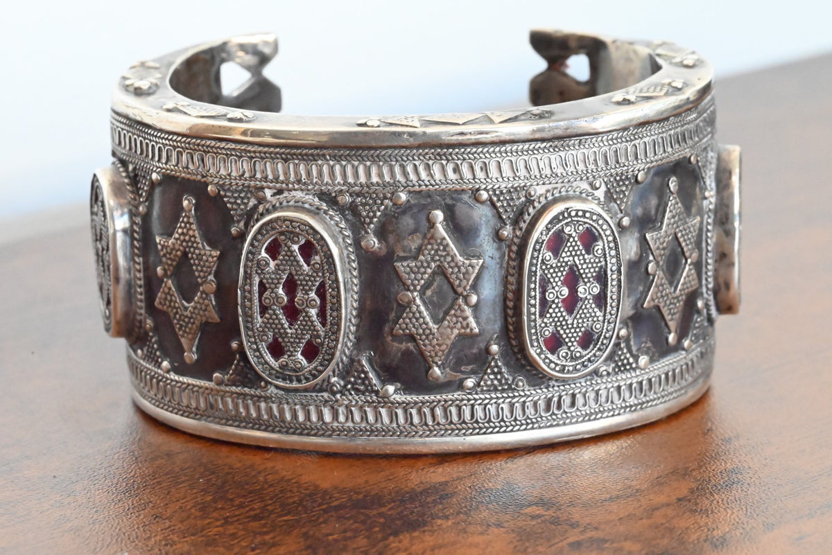 Antique or Vintage Handmade Kazakh Silver Cuff Bracelet (Bilezek) Star Design2