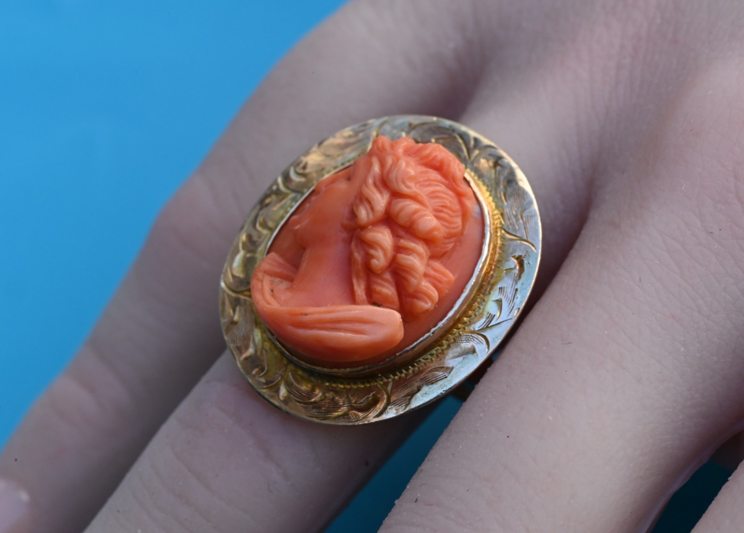 Antique 1900s Italian Carved Natural Red Coral Cameo Ring in 10K Yellow Gold5