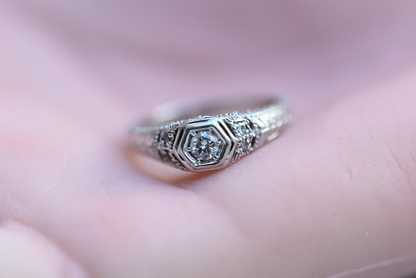 Intricate 14K White Gold Diamond Ring Geometric Hexagon Filigree Design by RLM7