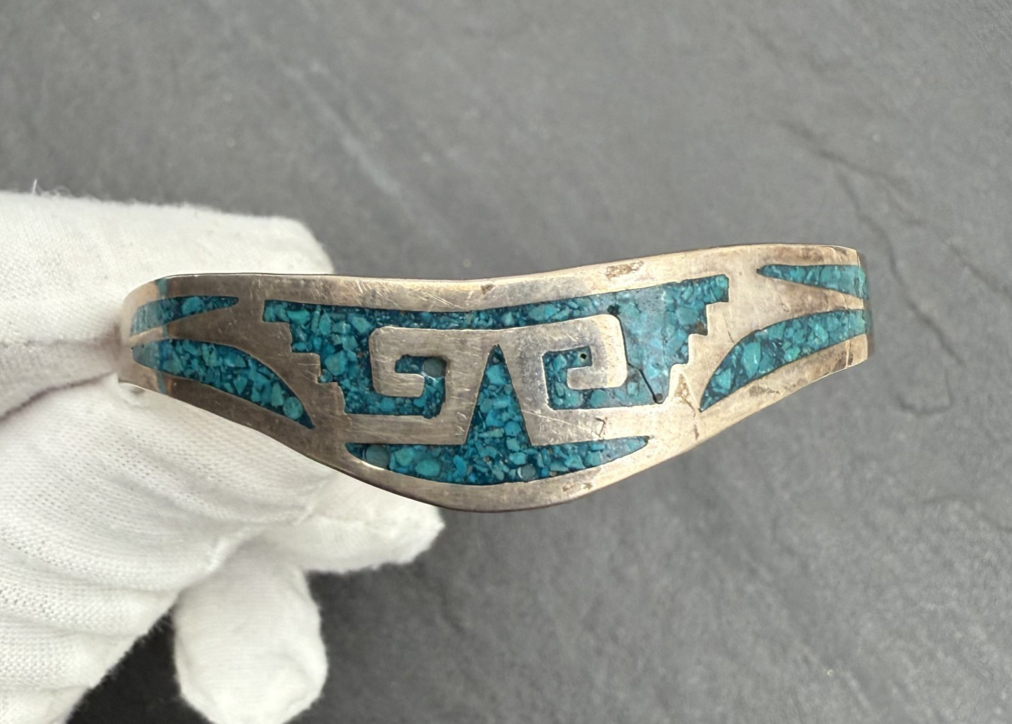 Vintage Sterling Silver Taxco Cuff Bracelet with Turquoise Inlay0