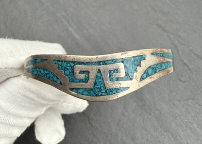 Vintage Sterling Silver Taxco Cuff Bracelet with Turquoise Inlay0