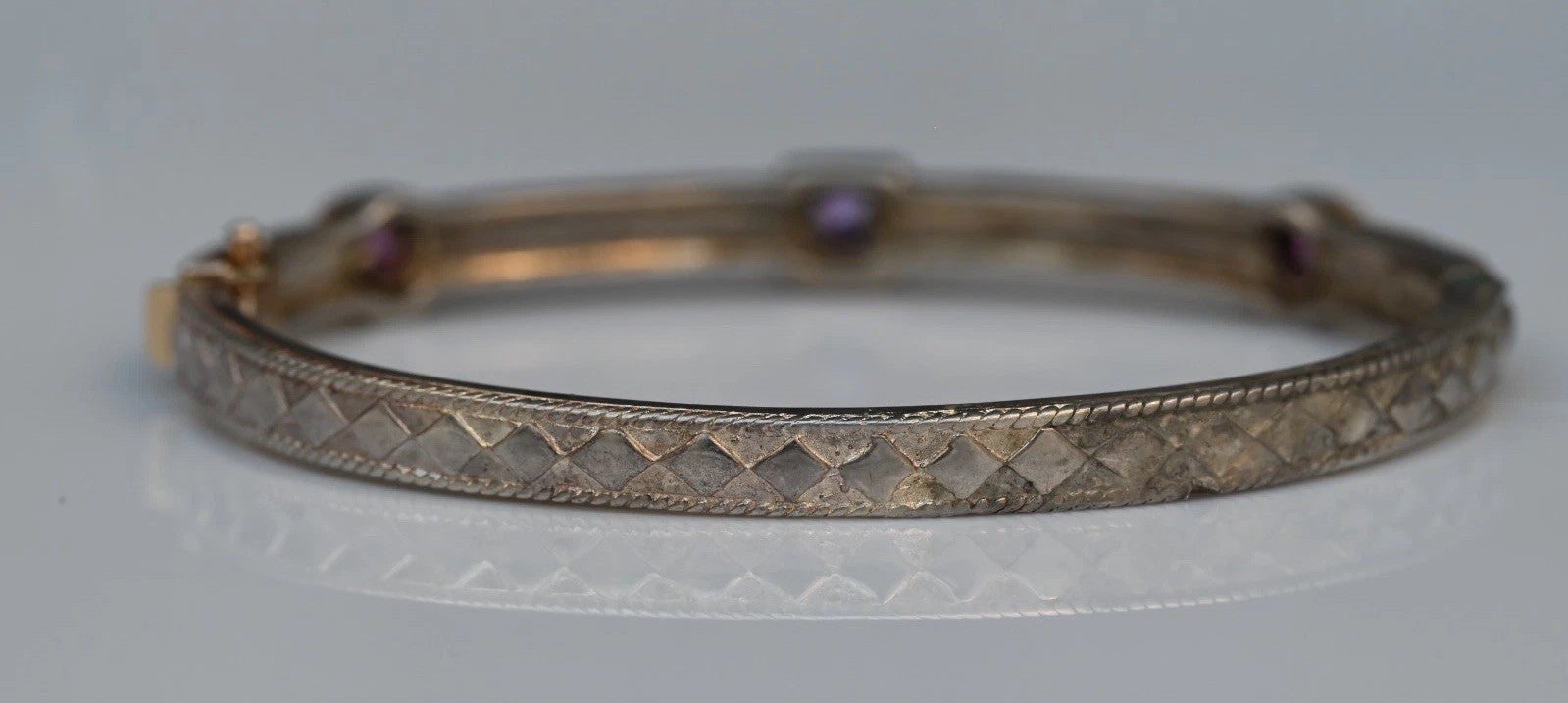 Elegant Hinged Bangle Textured Design & Amethyst Accent Stones 14k 925 Sterling1
