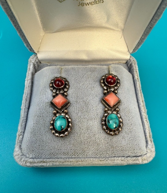 Pair of Native American-style Dangle Earrings with Turquoise and Coral Gems1