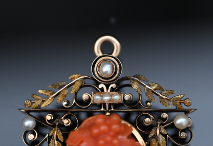 High Quality Antique 19th C. Victorian Period Carved Red Coral 14K Gold Pendant1
