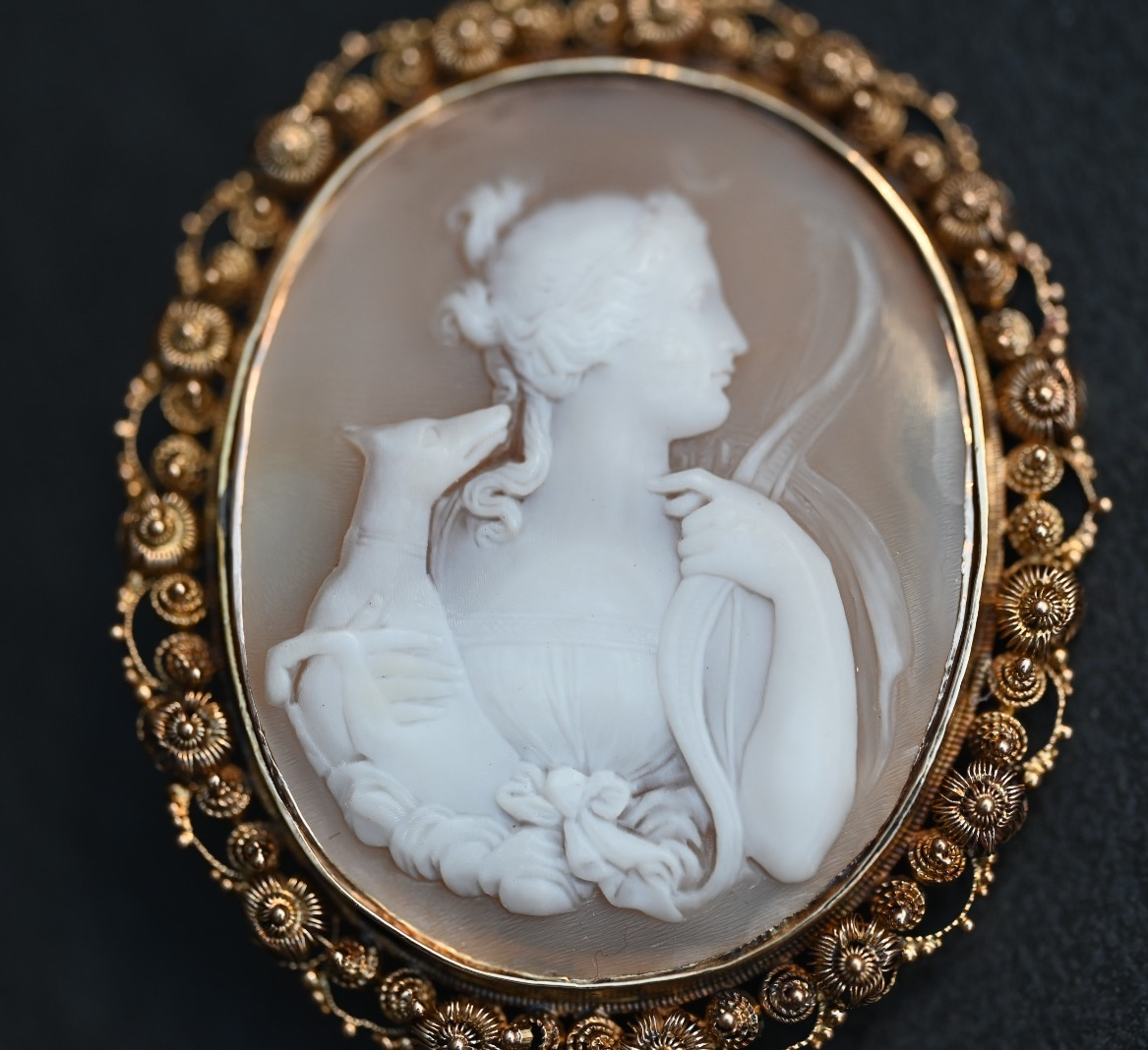 Antique Carved Cameo Depicting Goddess Diana (Artemis) & Her Hunting Dog 18K YG1