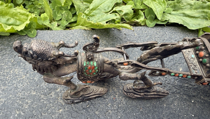 Antique Chinese Silver Sculpture of Dragon-Drawn Celestial Carriage Jade Wheels5