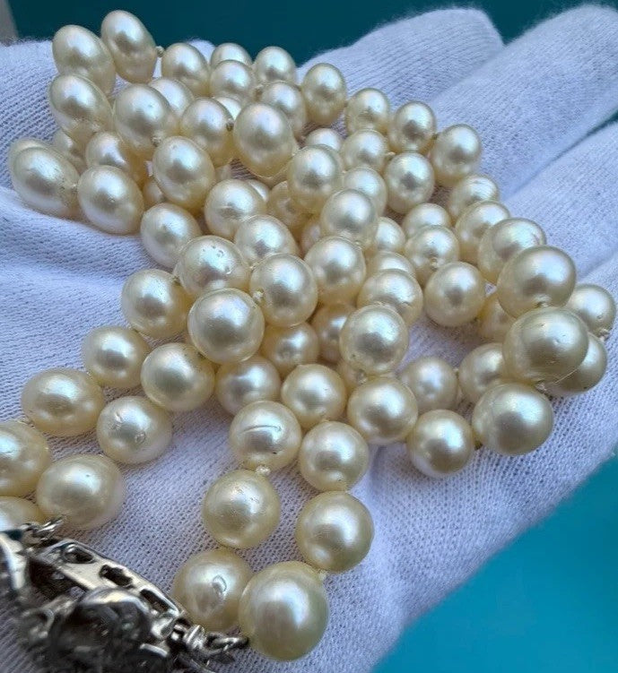 Genuine Early Vintage String of Cultured Pearls 14K White Gold Clasp MGM J7