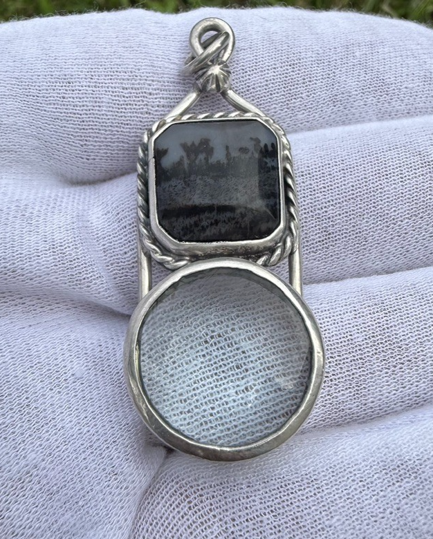 Signed MS Sterling Silver Southwest Jewelers Loupe W/ Moss Agate0