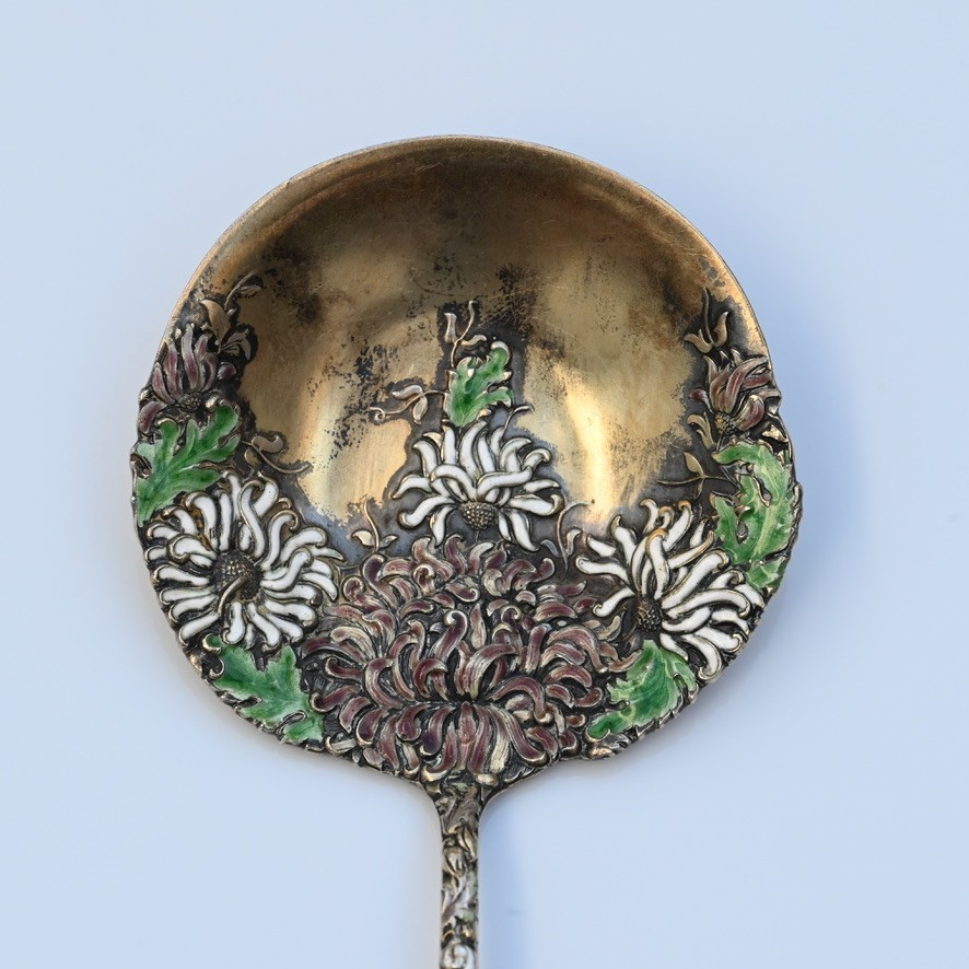 Antique William Durgin Co. Enameled Chrysanthemum Sterling Silver Serving Spoon3