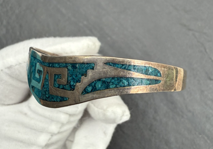 Vintage Sterling Silver Taxco Cuff Bracelet with Turquoise Inlay2