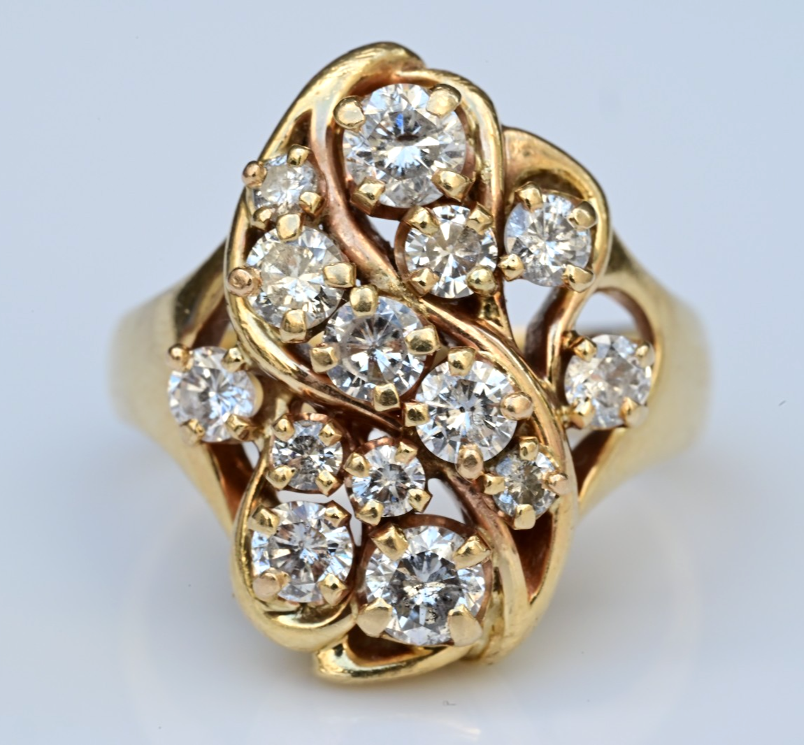 14K Cluster Cocktail Ring Featuring a Abstract Wave of Round Brilliant Diamond0