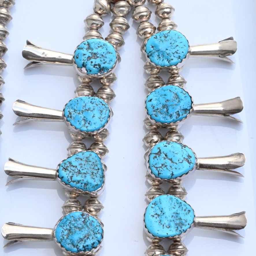 Vintage Native American Blue Turquoise & Sterling Silver Squash Blossom Necklace7