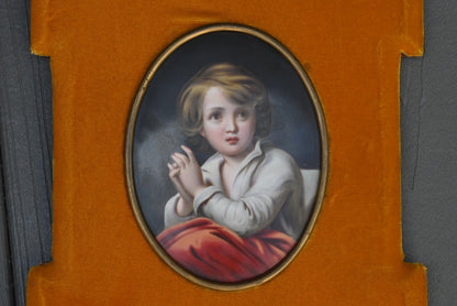 Beautiful German Antique 1900s Porcelain Framed Plaque of Young Boy4