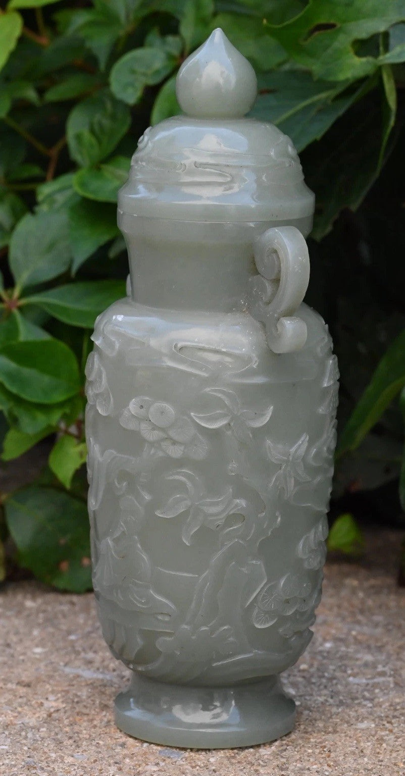 Beautiful Mid-20th C. Chinese Light Green Jade Lidded Vase With Carved People7