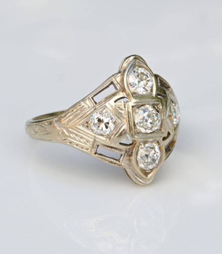 Exquisite Geometric Open Filigree Art Deco Old European Cut Diamond Cluster Ring9