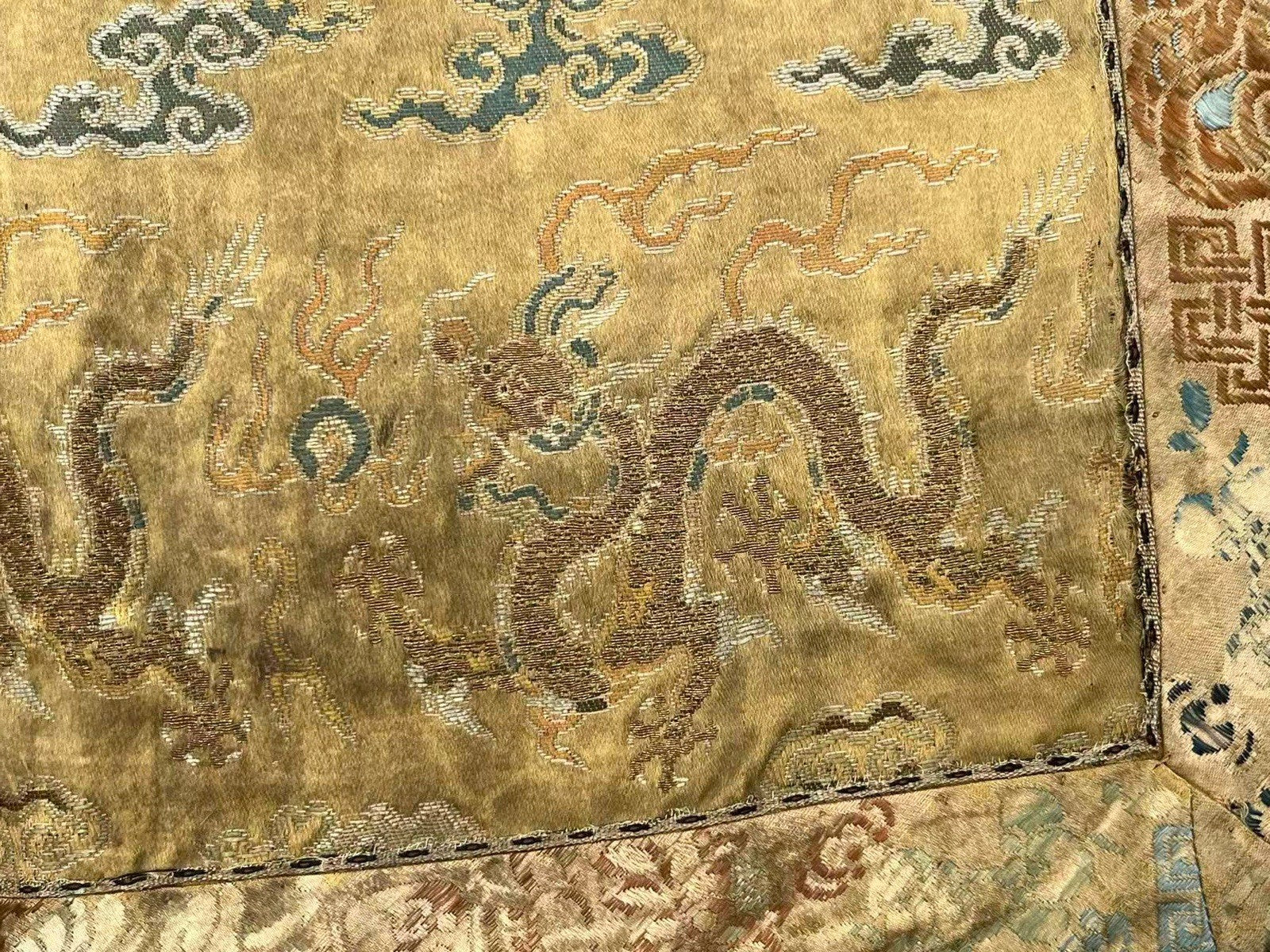 Early Antique Qing Dynasty Chinese Yellow Silk Brocade Panel with Gold Dragons7