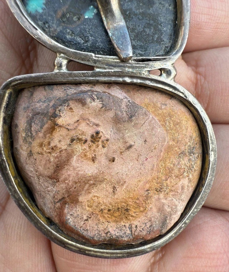 Southwestern Style Sterling Silver Pendant W Ammonite Fossil & Carved Turquoise6