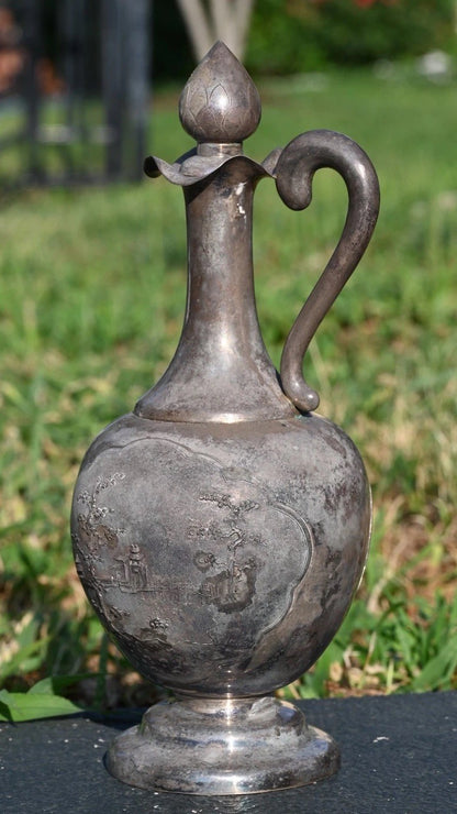 Unique Vietnamese Antique 1900s Handmade Silver Decanter Set With Tray & Cups9