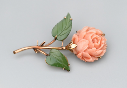 Gorgeous Carved Natural Coral & Leafy Green Jade 14k Gold Flower Brooch Pin0
