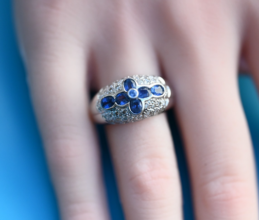 Amazing Vintage 18K White Gold Ring with Natural Blue Sapphires & Diamonds0