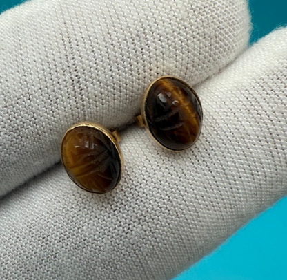 Amazing Tigers Eye & 14k Yellow Gold Stud Earrings 2