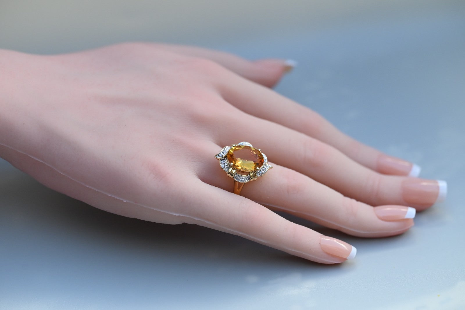 Eye-catching Vintage Faceted Citrine Cocktail Ring with Halo of Diamonds 14k YG2