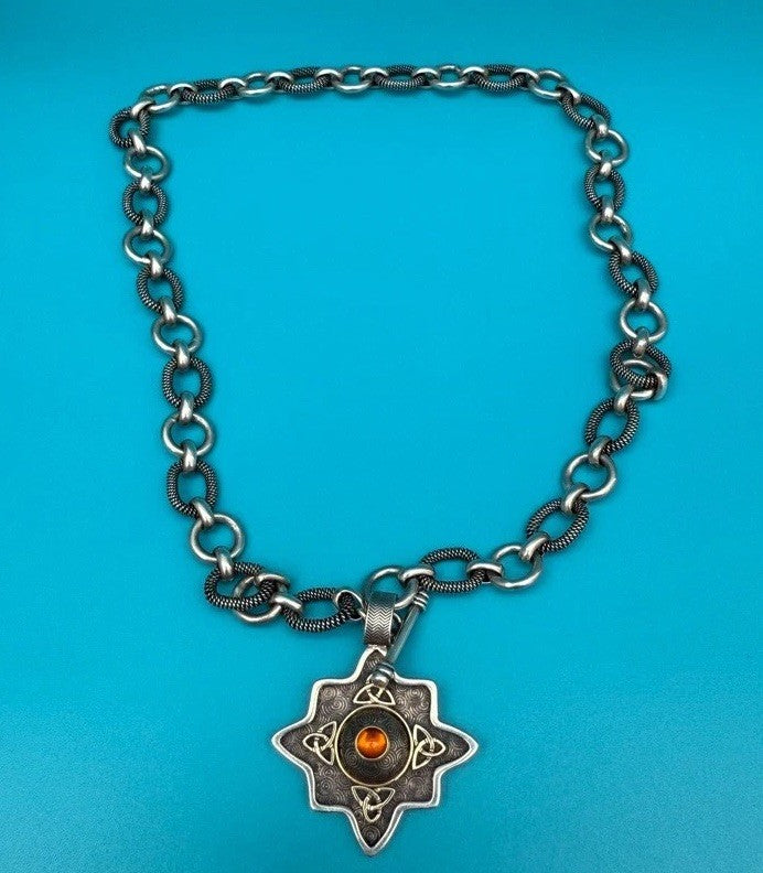 Mid Century Southwestern Sterling Silver & 18k Yellow Gold Necklace Signed1