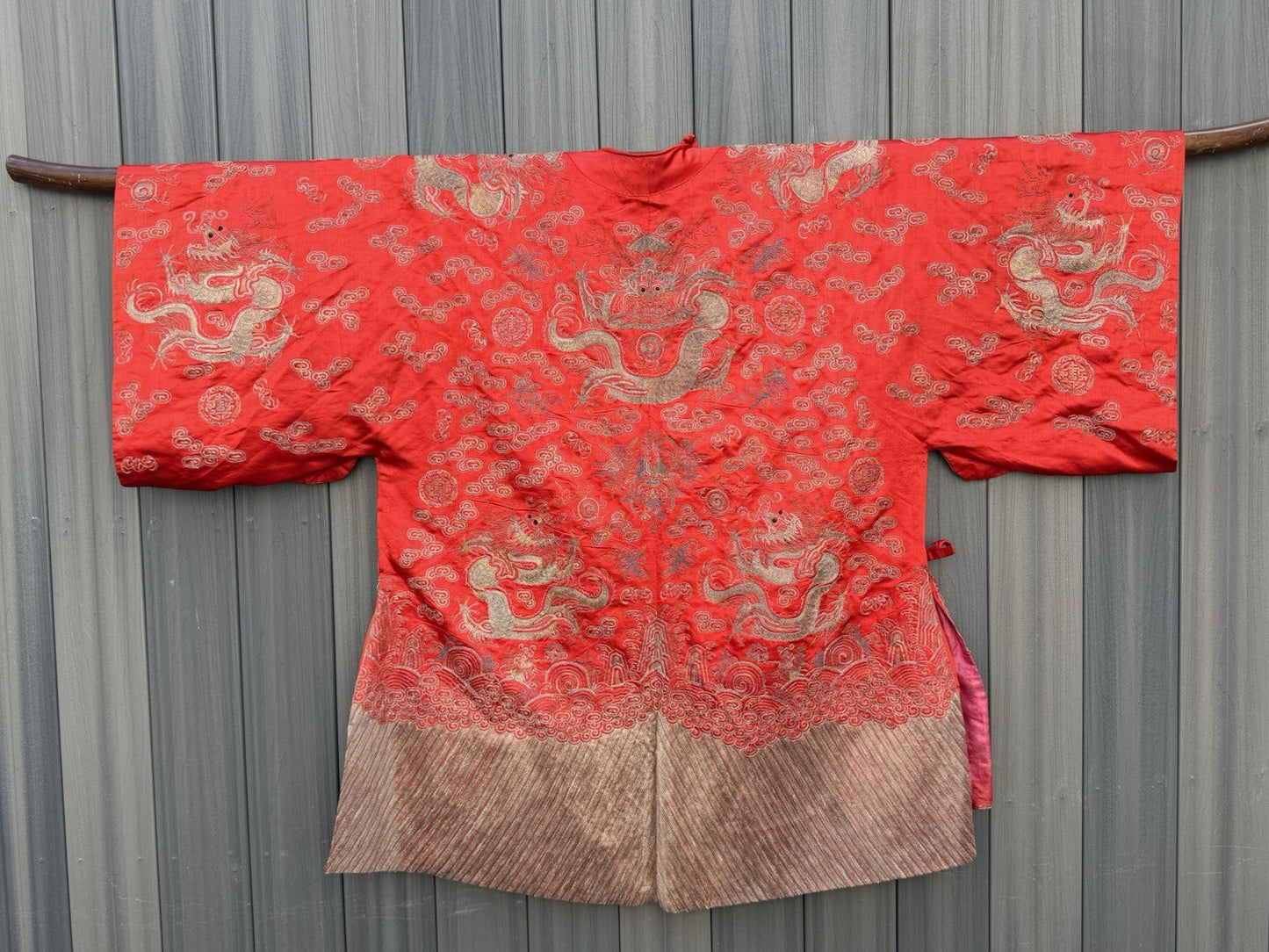 Antique Qing Dynasty Chinese Metallic Silk Embroidery Dragon Robe In Red Color6