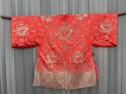 Antique Qing Dynasty Chinese Metallic Silk Embroidery Dragon Robe In Red Color6