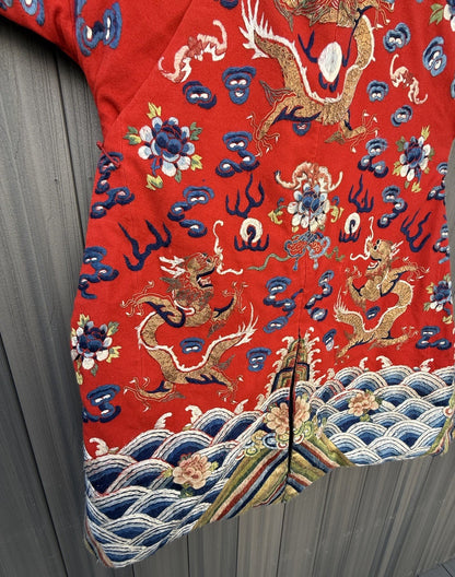 Antique Qing Dynasty Chinese Silk Embroidery Red Dragon Winter Robe6