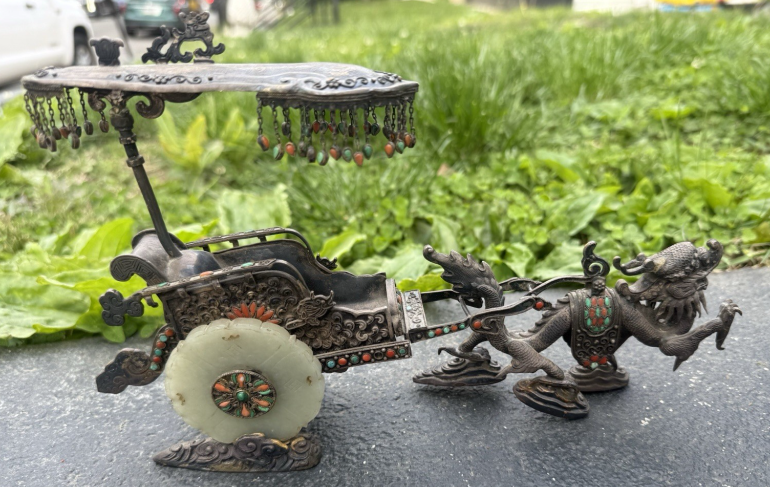 Antique Chinese Silver Sculpture of Dragon-Drawn Celestial Carriage Jade Wheels7
