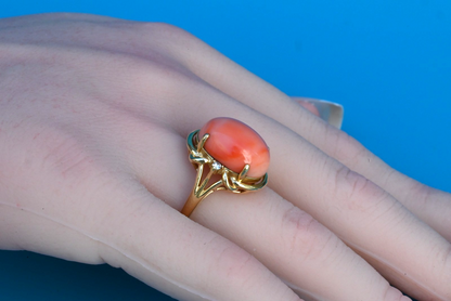 Elegant Natural Light Red Coral & 14K Yellow Gold Cocktail / Dinner Ring0