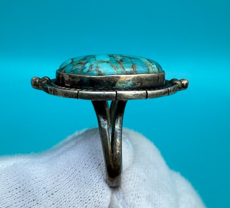 Superb Native American Signed Sterling Silver Ring w/ Turquoise Gem2