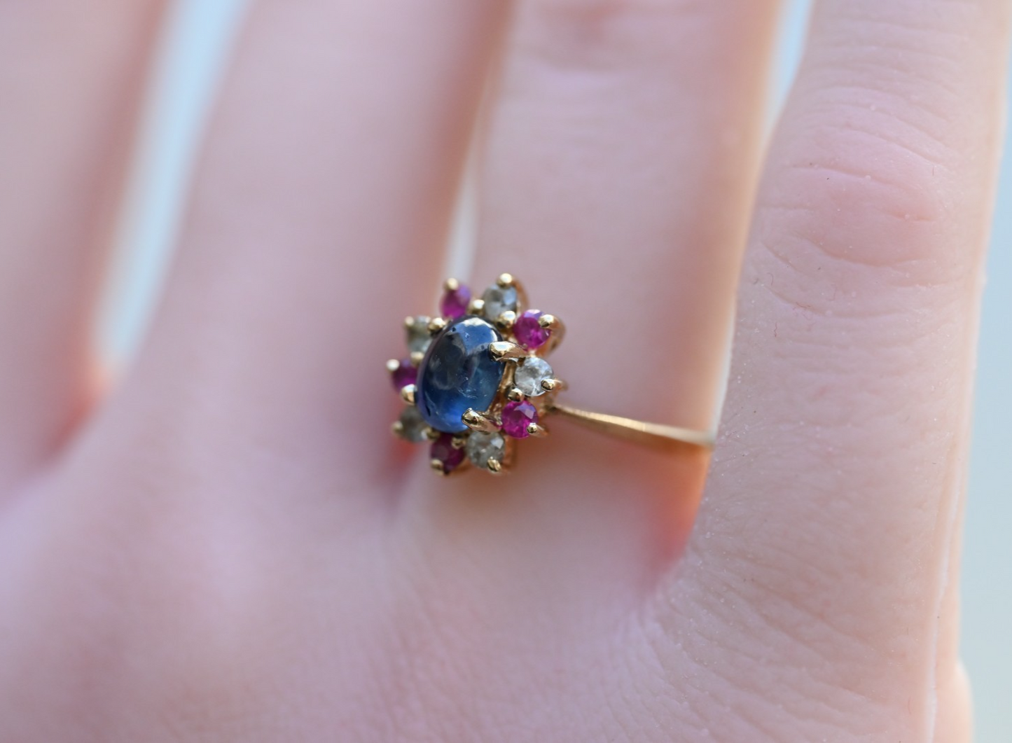 Elegant Antique / Vintage Natural Sapphire Ring with Halo of Rubies in .375 GTV4