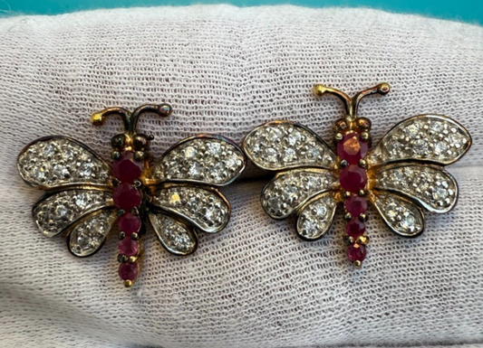 Super Beautiful Pair of Gold Gilt Sterling Silver Ruby Butterfly Brooch Pins0