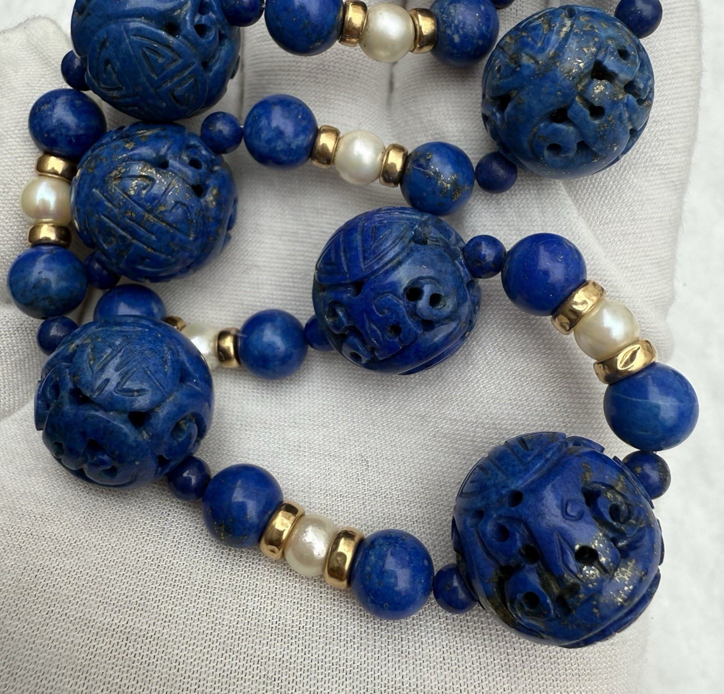 Stunning Chinese Carved Shou Royal Blue Lapiz Lazuli & 14k Beaded Necklace9