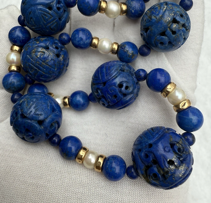 Stunning Chinese Carved Shou Royal Blue Lapiz Lazuli & 14k Beaded Necklace9