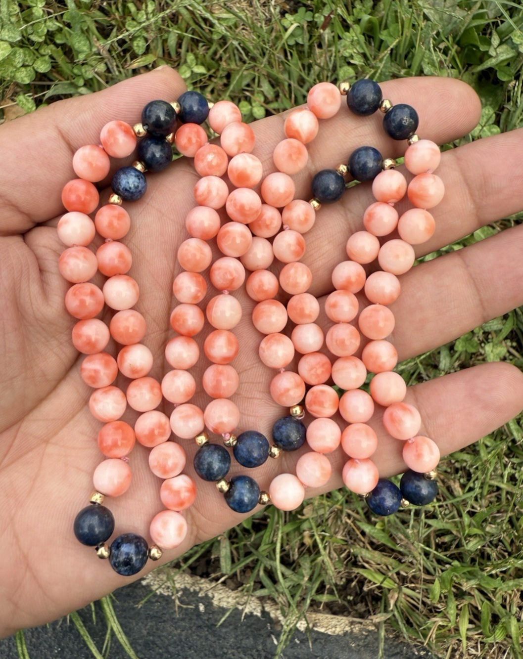Beautiful White Angel Skin Coral & Lapis Beaded Necklace with 14K Gold Spacers0