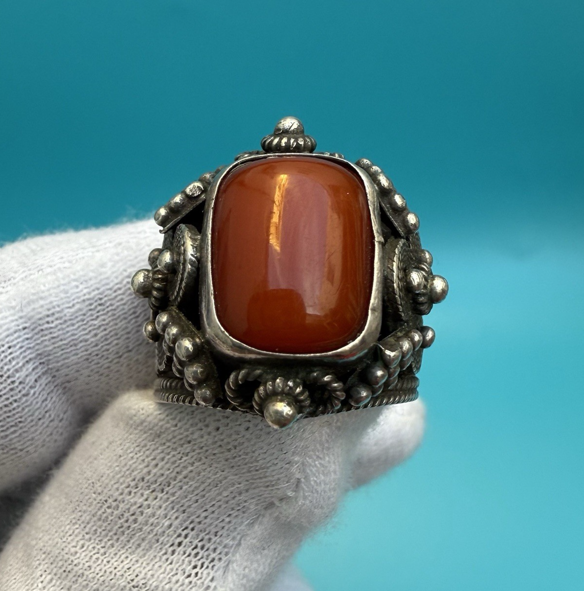 High Quality Tribal Fine Silver Ring w/ Red Carnelian Gemstone0
