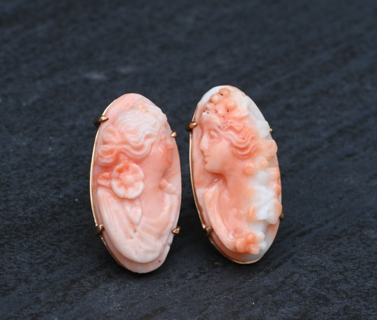 Antique 1900s Natural Coral Cameo Stud Earrings of Matching Beauties 14K Gold0