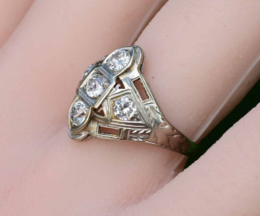 Exquisite Geometric Open Filigree Art Deco Old European Cut Diamond Cluster Ring3