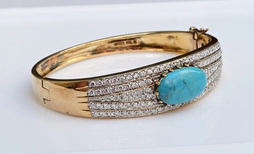 Gold Toned Sterling Silver Bangle Cuff Bracelet with Blue Oval Turquoise Gem2