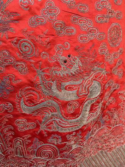 Antique Qing Dynasty Chinese Metallic Silk Embroidery Dragon Robe In Red Color9