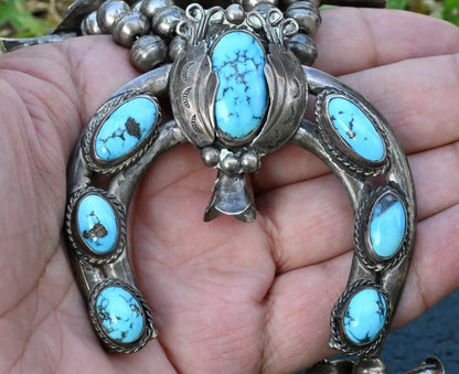 Early Native American Blue Turquoise & Sterling Silver Squash Blossom Necklace8