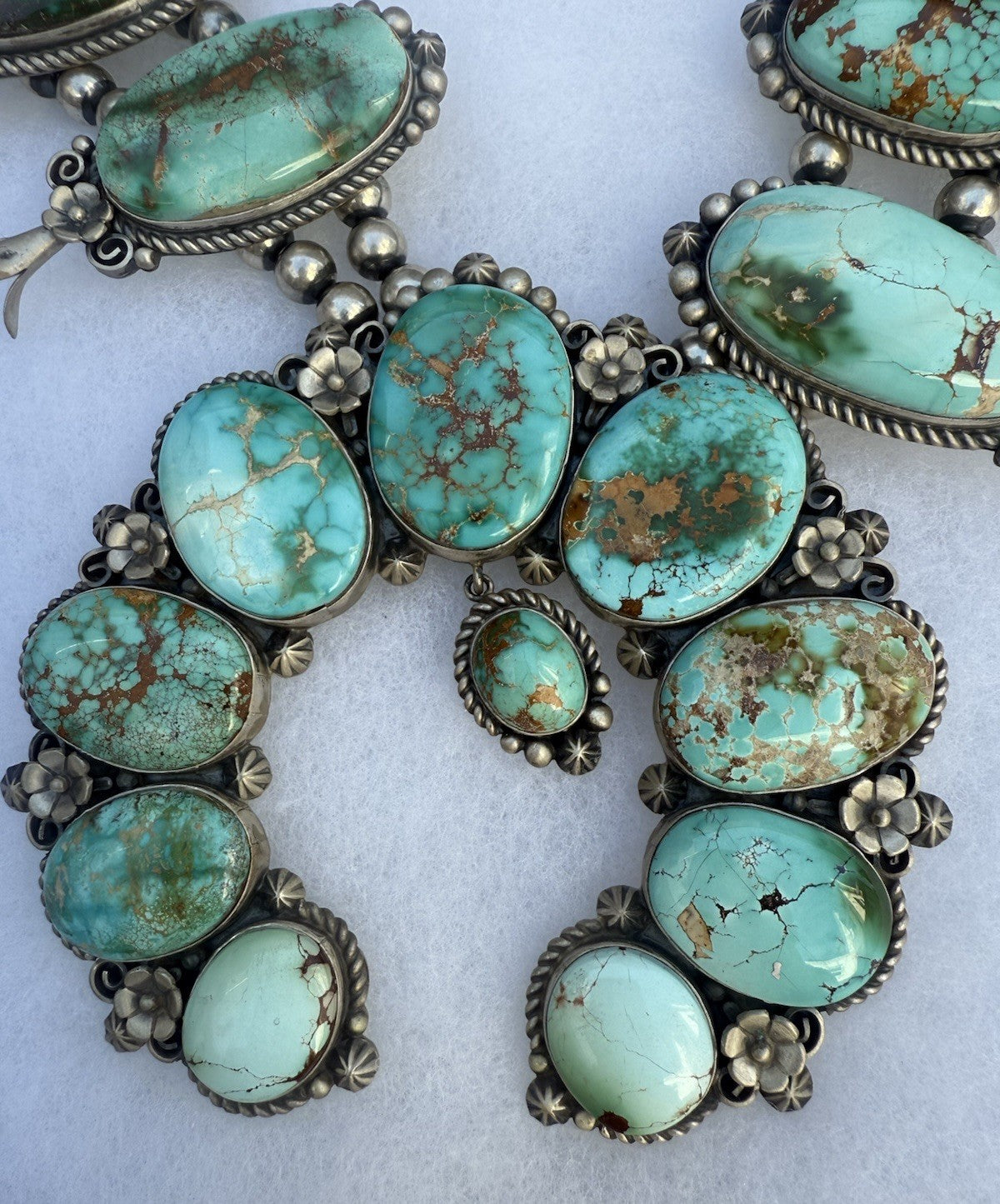 Native American Turquoise &Sterling Squash Blossom Jewelry Set By Maynard Garcia7