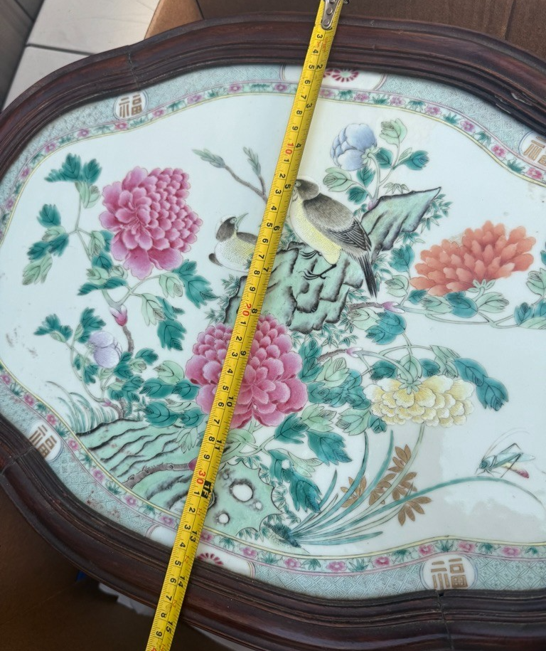 Large 20" Chinese Antique 1900s Porcelain Serving Tray with Enameled Black Birds11